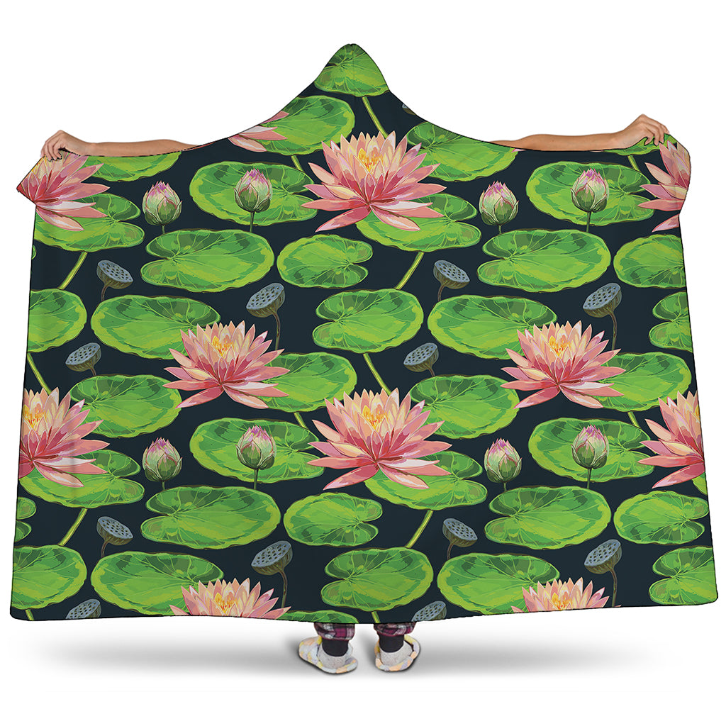 Water Lily Flower Pattern Print Hooded Blanket