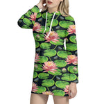 Water Lily Flower Pattern Print Hoodie Dress