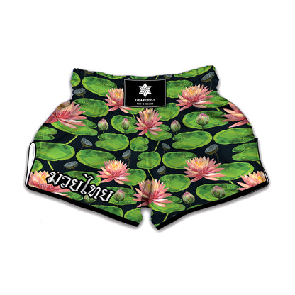 Water Lily Flower Pattern Print Muay Thai Boxing Shorts