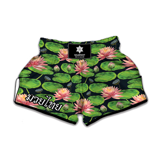 Water Lily Flower Pattern Print Muay Thai Boxing Shorts
