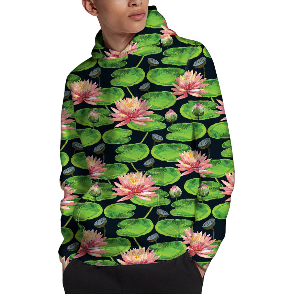 Water Lily Flower Pattern Print Pullover Hoodie