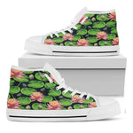 Water Lily Flower Pattern Print White High Top Shoes