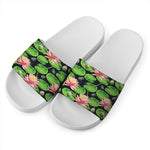 Water Lily Flower Pattern Print White Slide Sandals