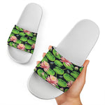 Water Lily Flower Pattern Print White Slide Sandals