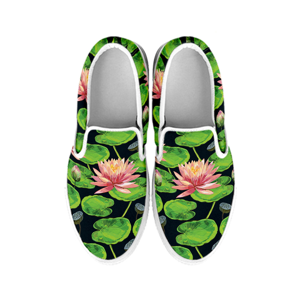 Water Lily Flower Pattern Print White Slip On Shoes