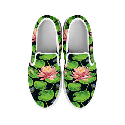 Water Lily Flower Pattern Print White Slip On Shoes