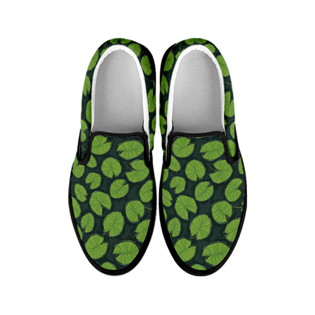 Water Lily Pads Pattern Print Black Slip On Shoes