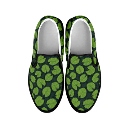 Water Lily Pads Pattern Print Black Slip On Shoes