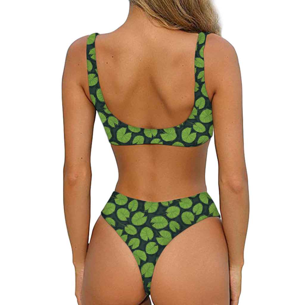 Water Lily Pads Pattern Print Front Bow Tie Bikini