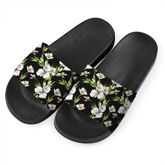 Watercolor Alstroemeria Pattern Print Black Slide Sandals