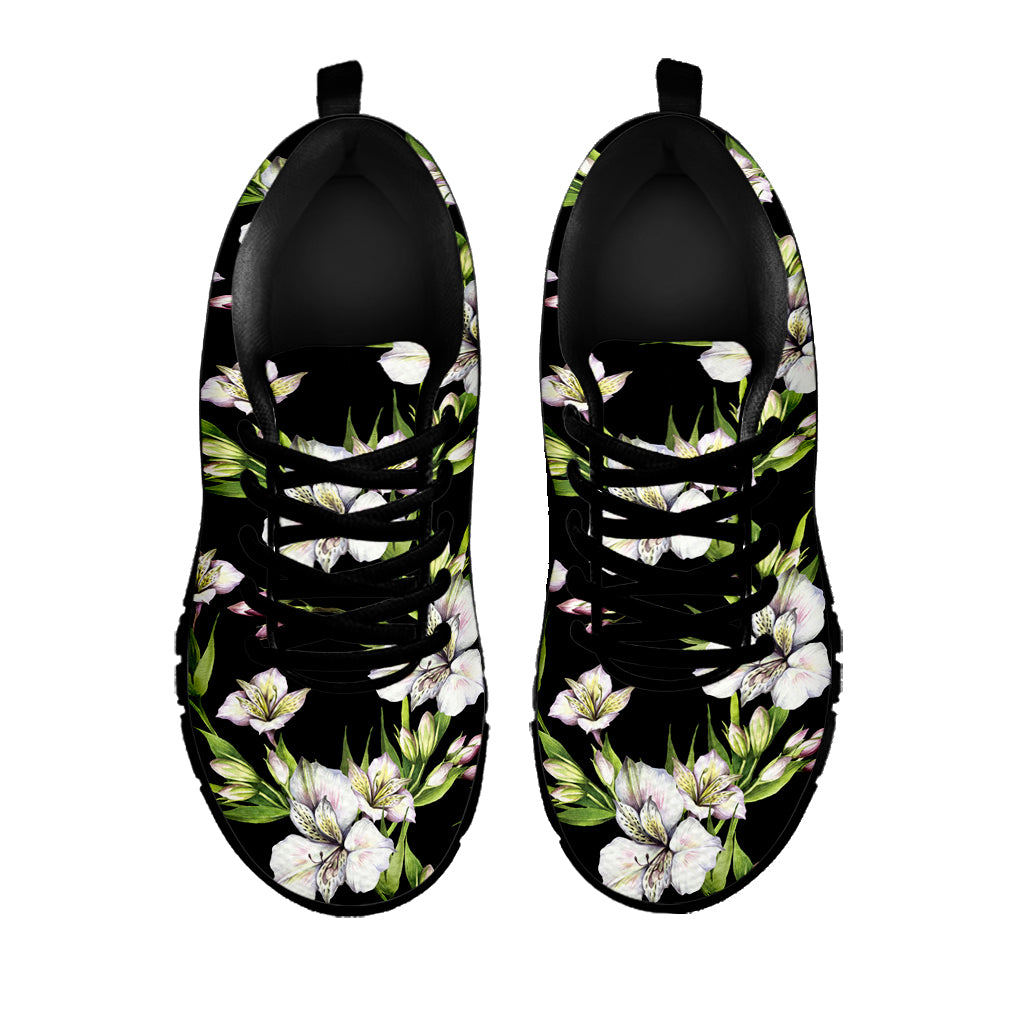 Watercolor Alstroemeria Pattern Print Black Sneakers