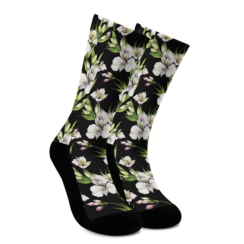 Watercolor Alstroemeria Pattern Print Crew Socks