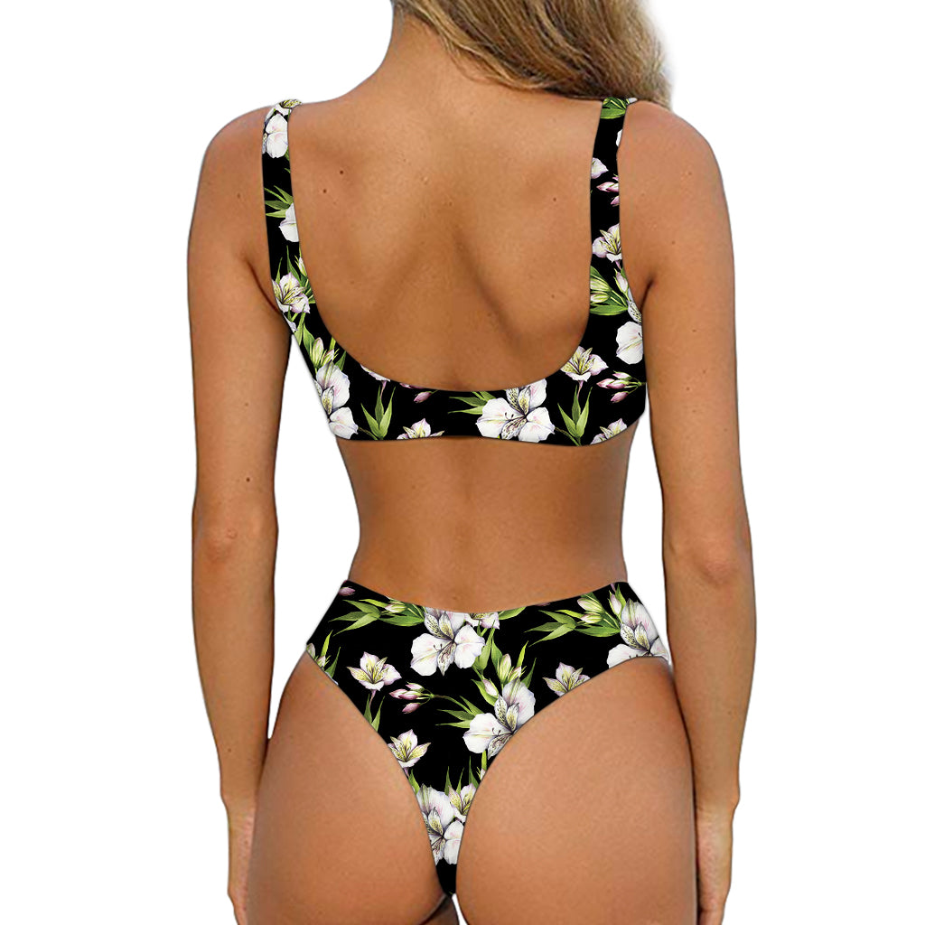 Watercolor Alstroemeria Pattern Print Front Bow Tie Bikini