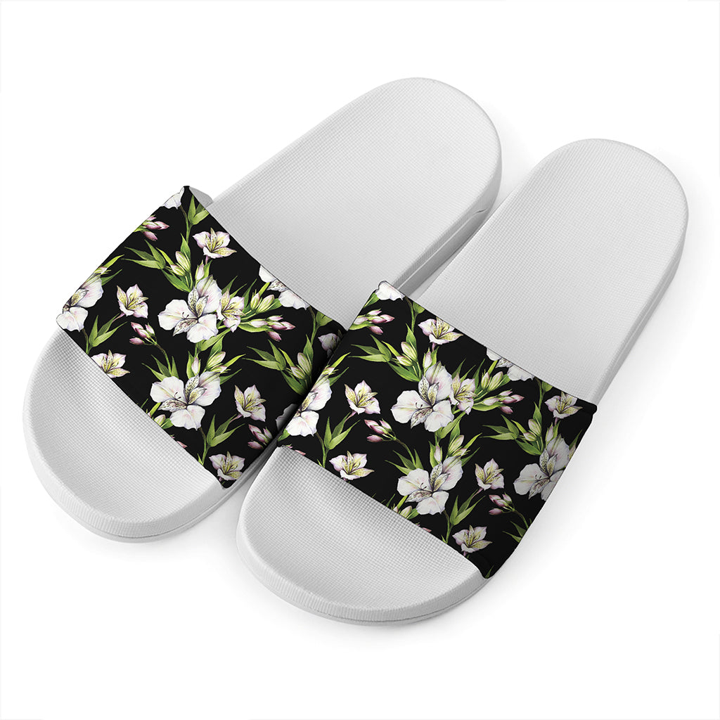 Watercolor Alstroemeria Pattern Print White Slide Sandals