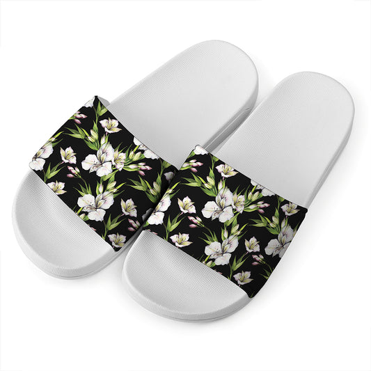 Watercolor Alstroemeria Pattern Print White Slide Sandals