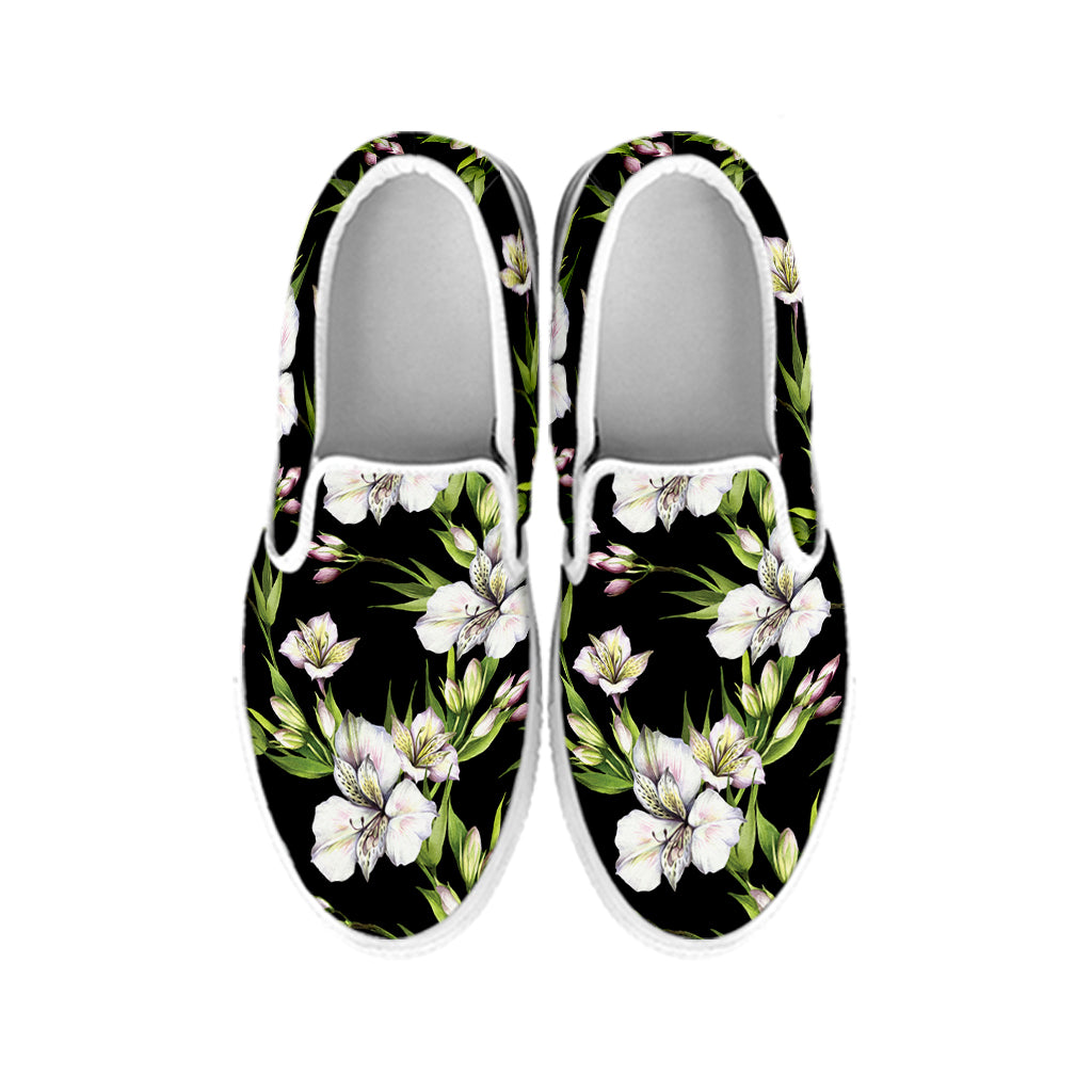 Watercolor Alstroemeria Pattern Print White Slip On Shoes