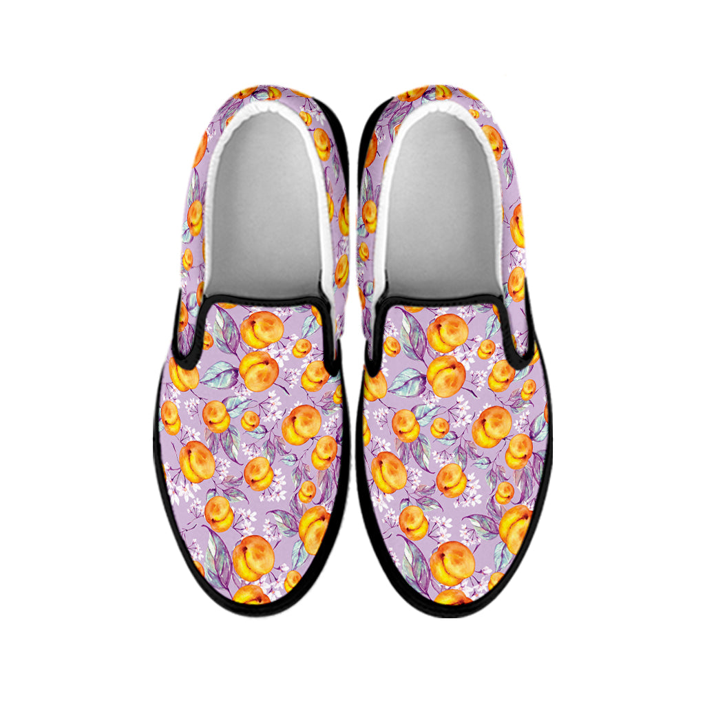 Watercolor Apricot Fruit Pattern Print Black Slip On Shoes