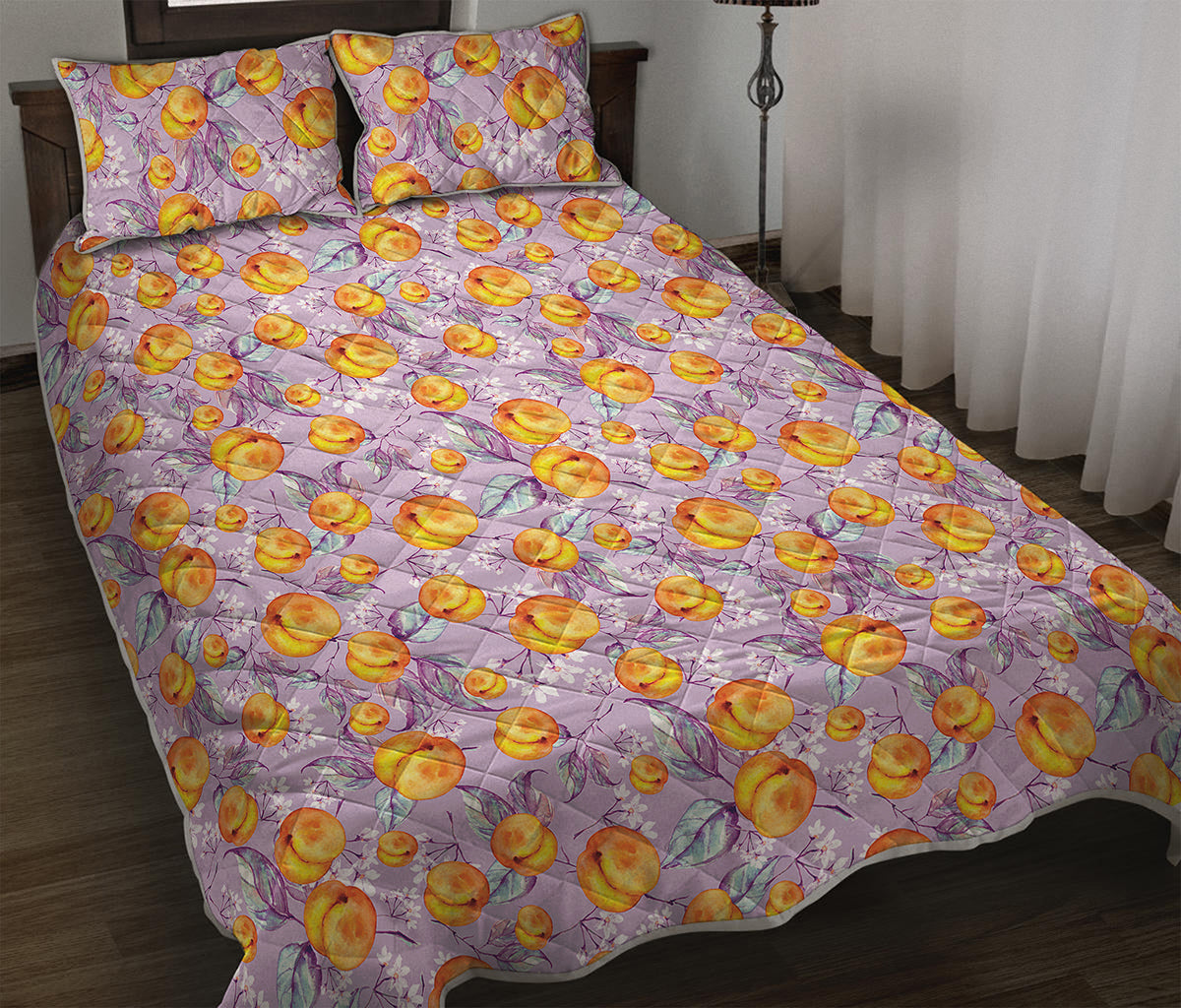 Watercolor Apricot Fruit Pattern Print Quilt Bed Set