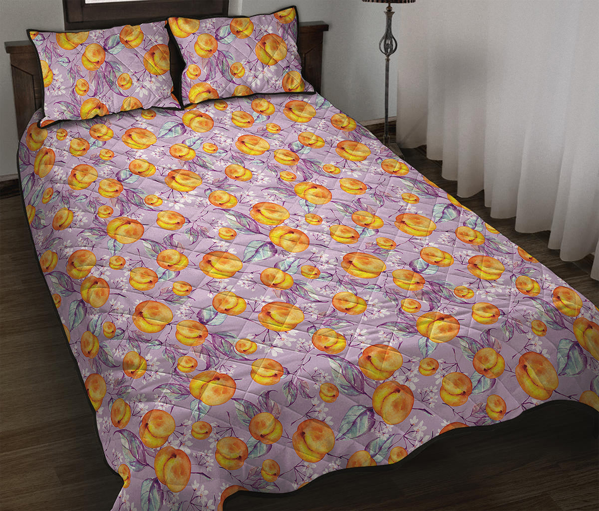 Watercolor Apricot Fruit Pattern Print Quilt Bed Set
