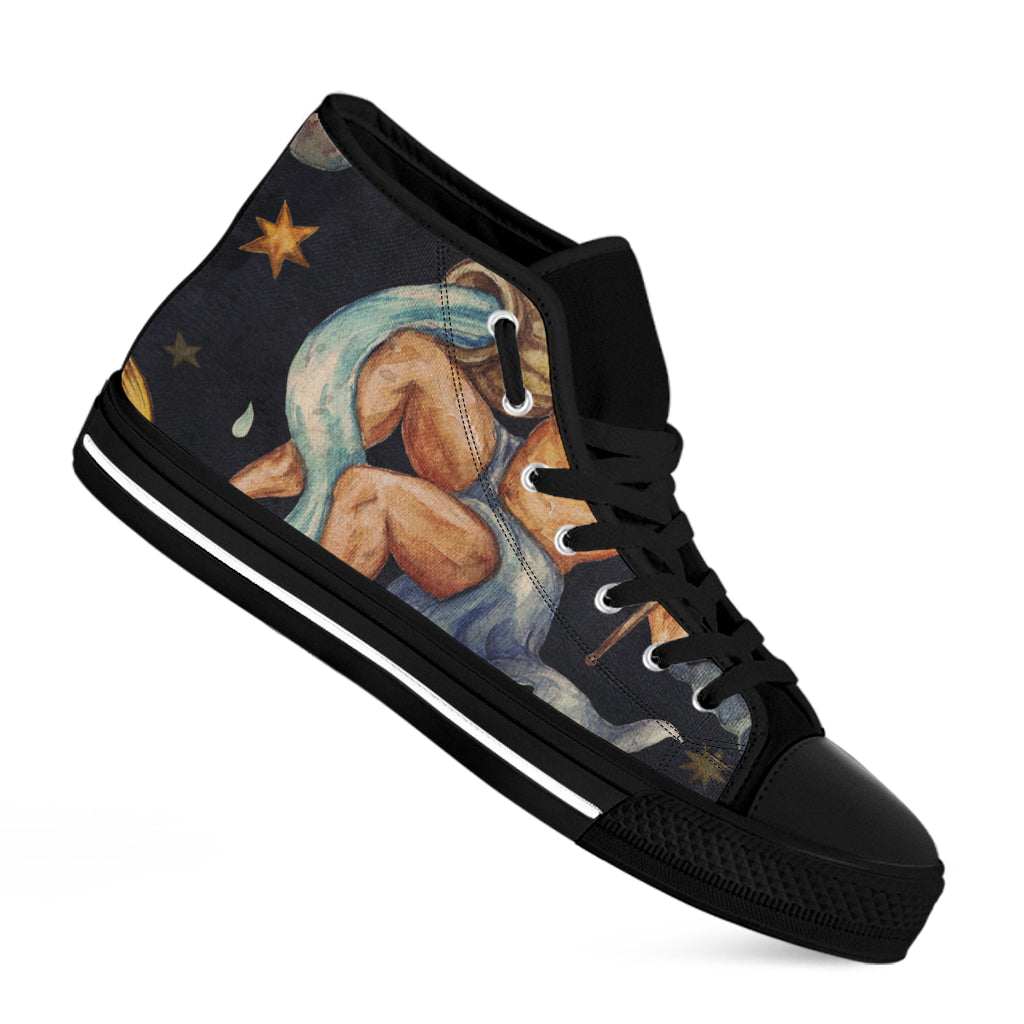 Watercolor Aquarius Zodiac Sign Print Black High Top Shoes