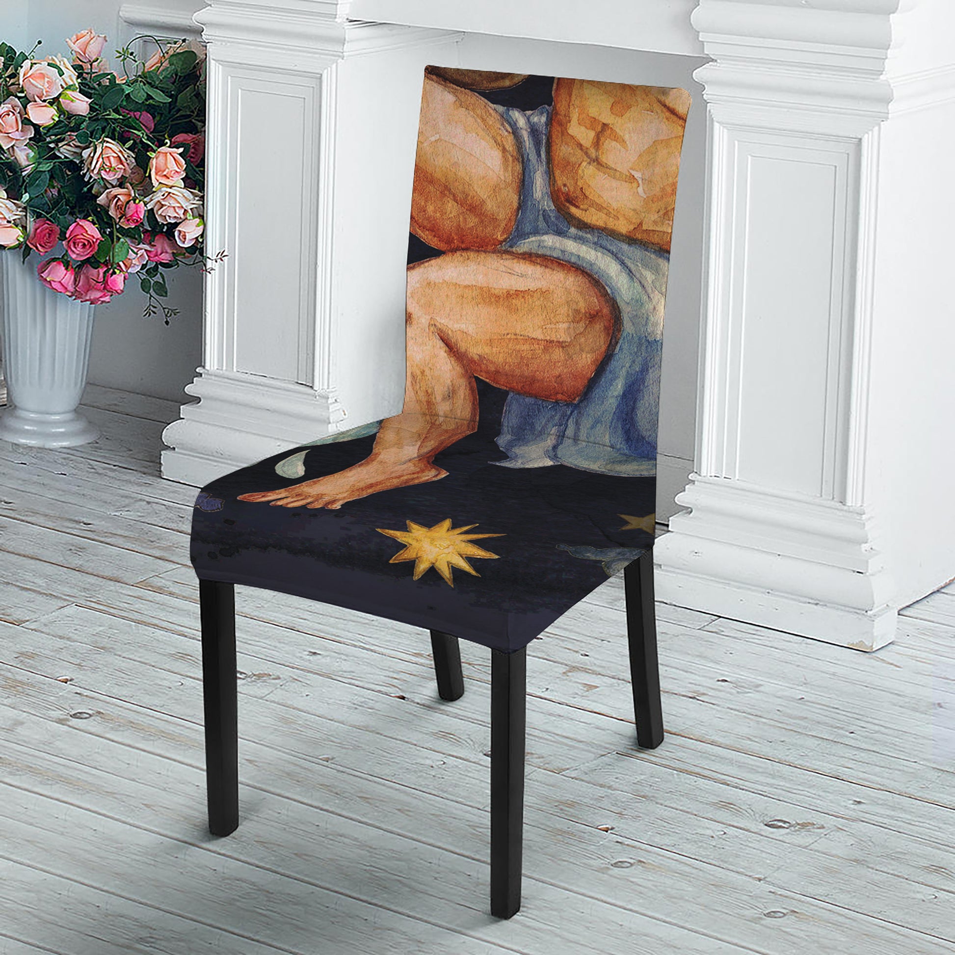 Watercolor Aquarius Zodiac Sign Print Dining Chair Slipcover