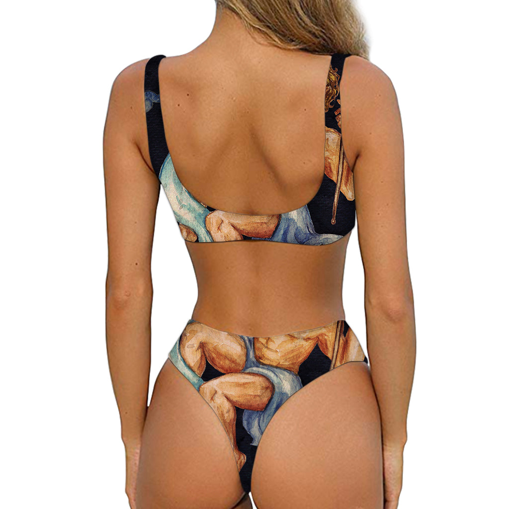 Watercolor Aquarius Zodiac Sign Print Front Bow Tie Bikini