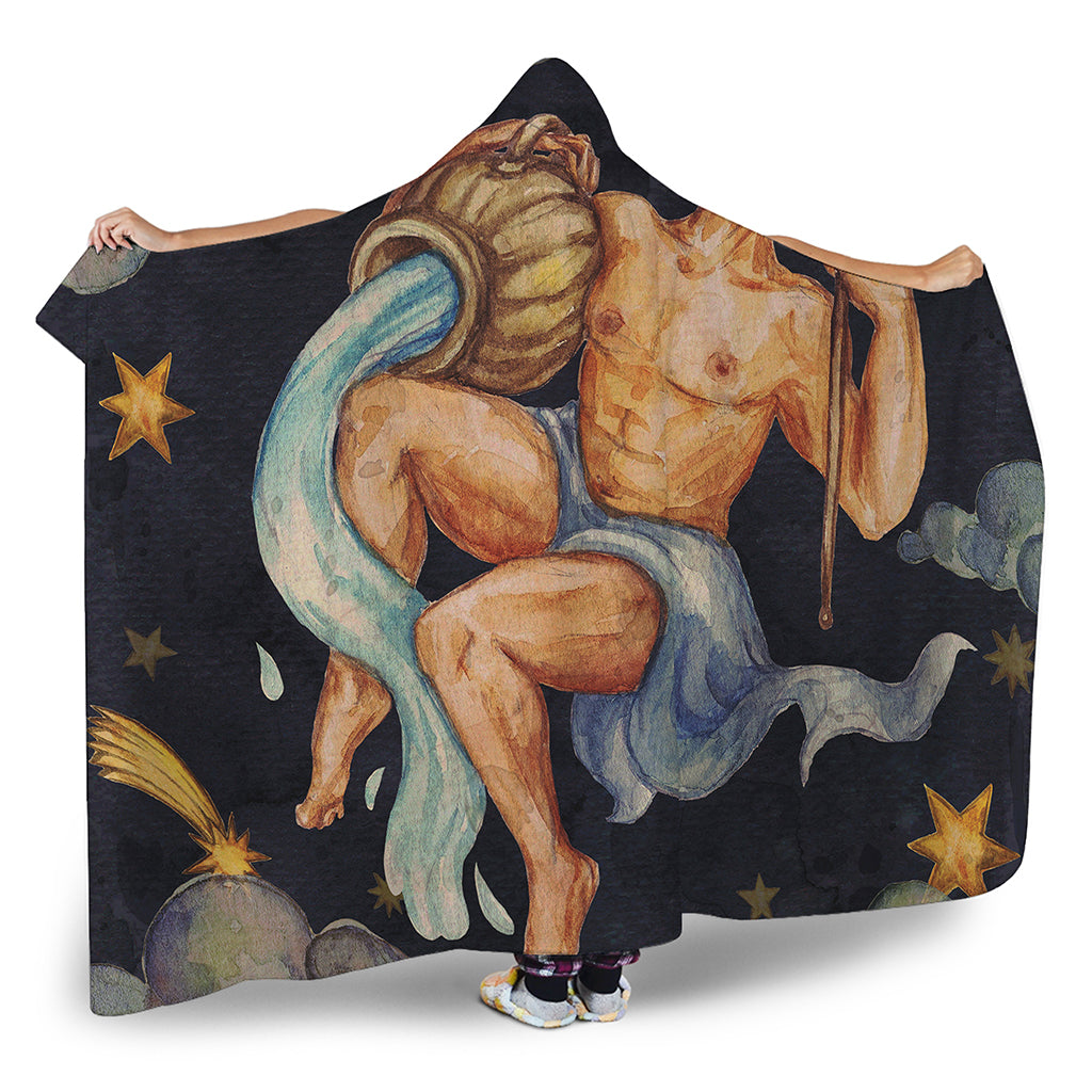 Watercolor Aquarius Zodiac Sign Print Hooded Blanket