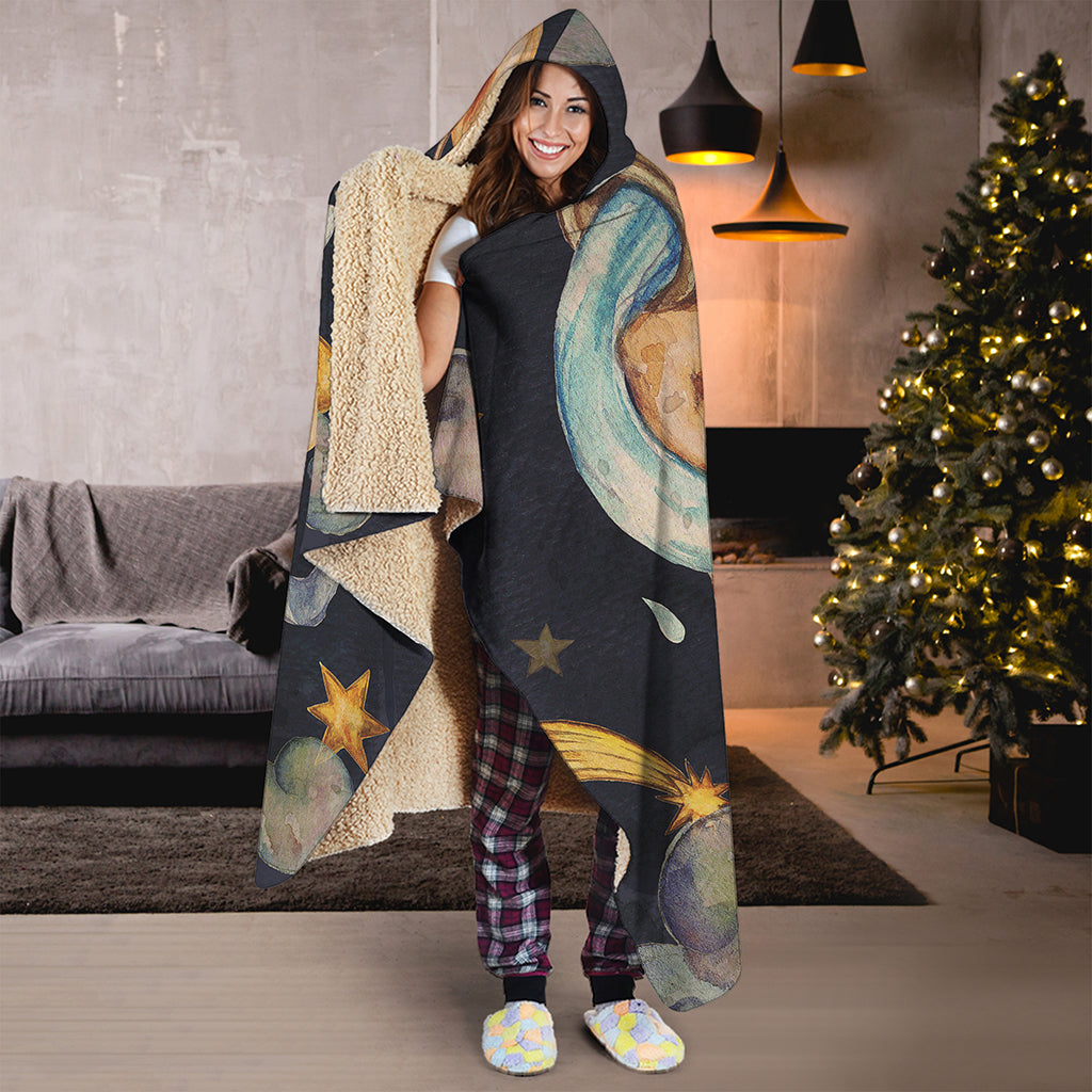 Watercolor Aquarius Zodiac Sign Print Hooded Blanket