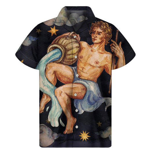 Watercolor Aquarius Zodiac Sign Print Men's Short Sleeve Shirt