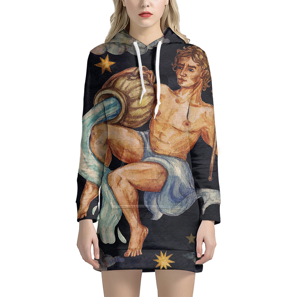 Watercolor Aquarius Zodiac Sign Print Pullover Hoodie Dress