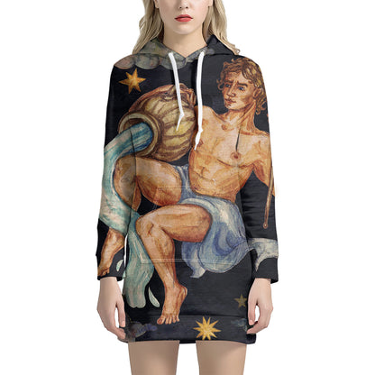 Watercolor Aquarius Zodiac Sign Print Pullover Hoodie Dress