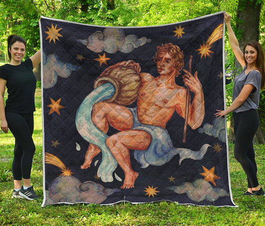Watercolor Aquarius Zodiac Sign Print Quilt