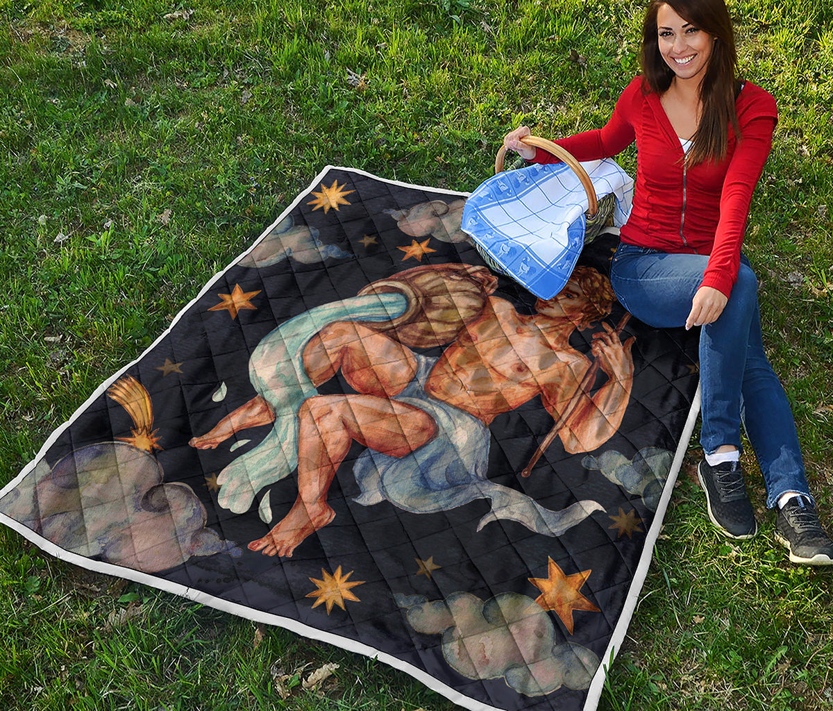 Watercolor Aquarius Zodiac Sign Print Quilt