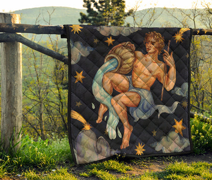 Watercolor Aquarius Zodiac Sign Print Quilt