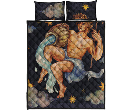 Watercolor Aquarius Zodiac Sign Print Quilt Bed Set