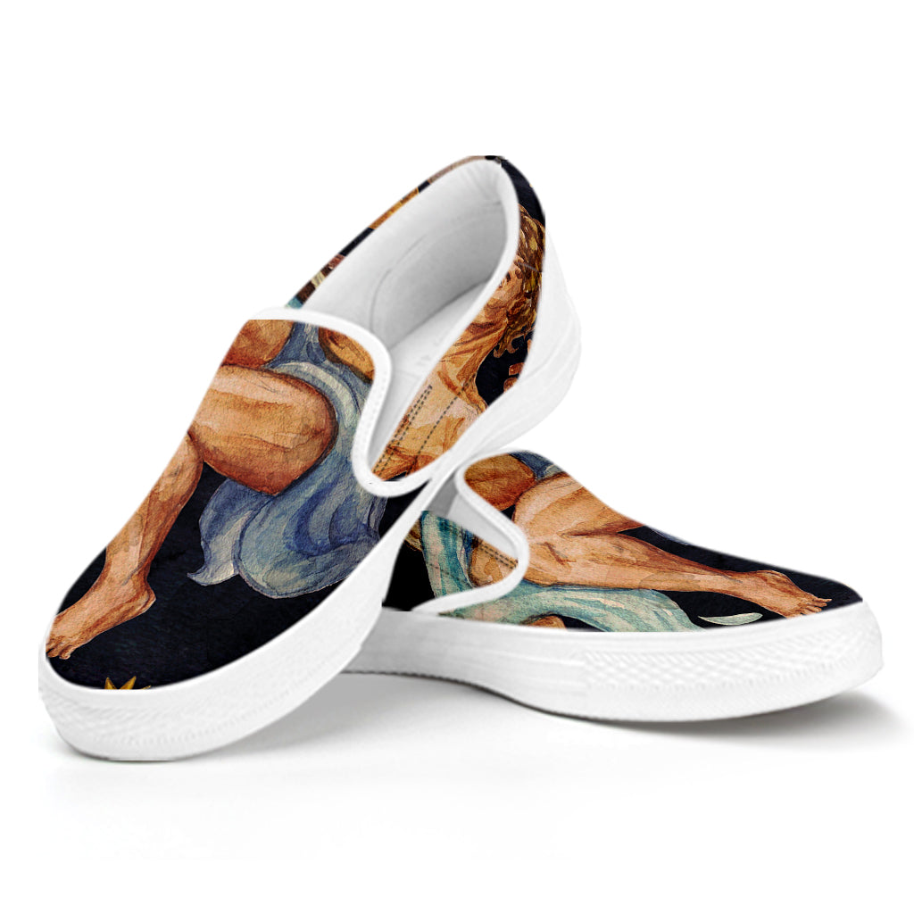 Watercolor Aquarius Zodiac Sign Print White Slip On Shoes