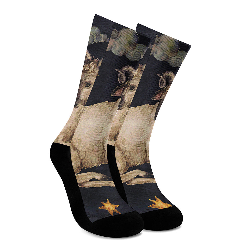 Watercolor Aries Zodiac Sign Print Crew Socks