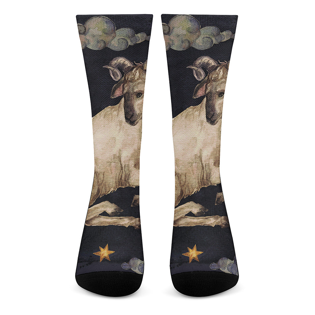 Watercolor Aries Zodiac Sign Print Crew Socks