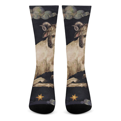 Watercolor Aries Zodiac Sign Print Crew Socks