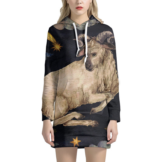 Watercolor Aries Zodiac Sign Print Pullover Hoodie Dress