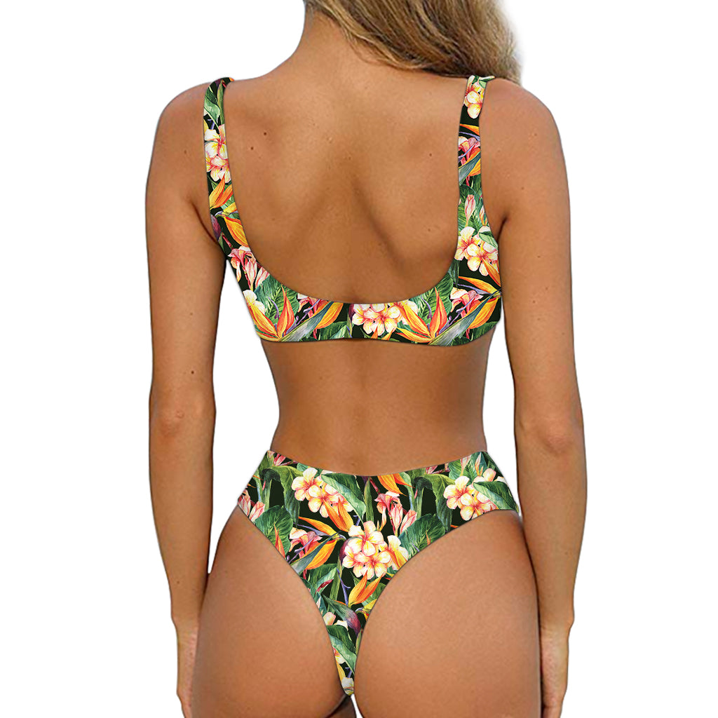 Watercolor Bird Of Paradise Print Front Bow Tie Bikini