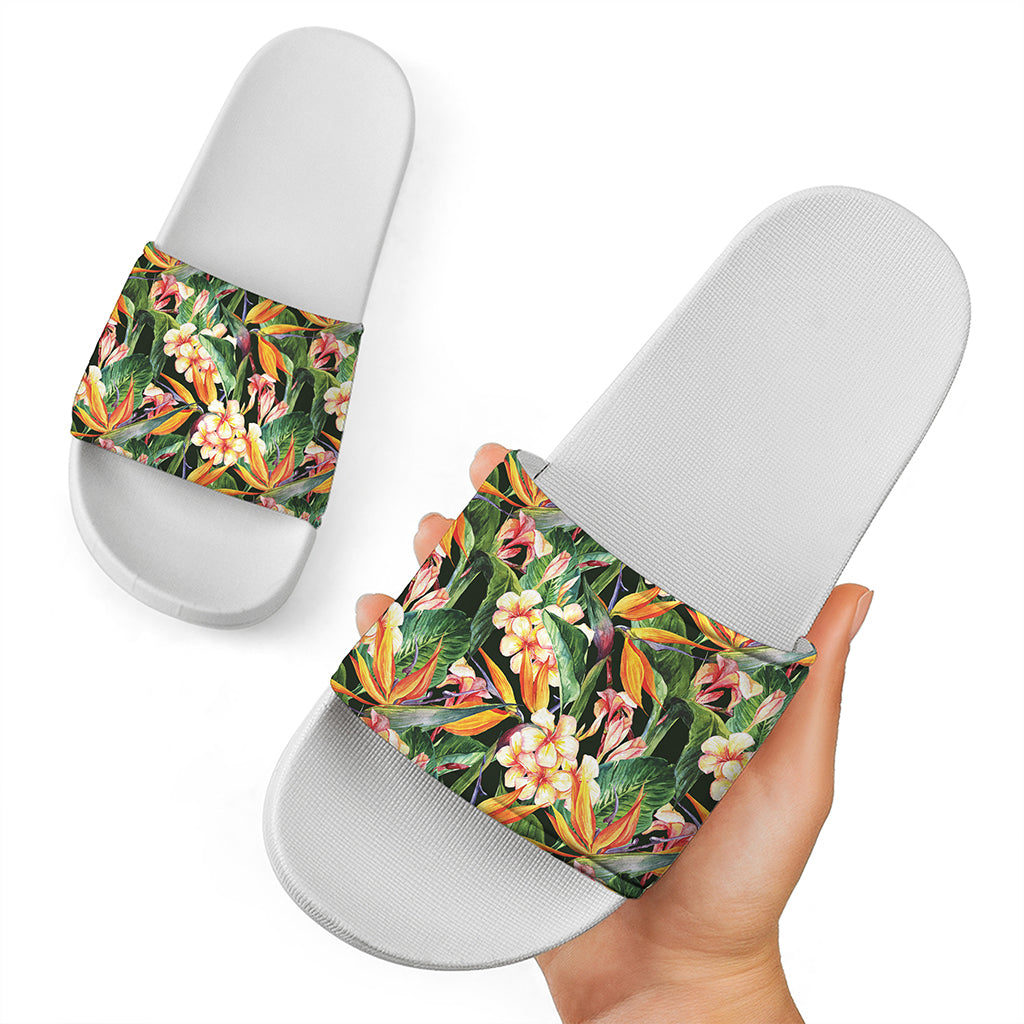 Watercolor Bird Of Paradise Print White Slide Sandals