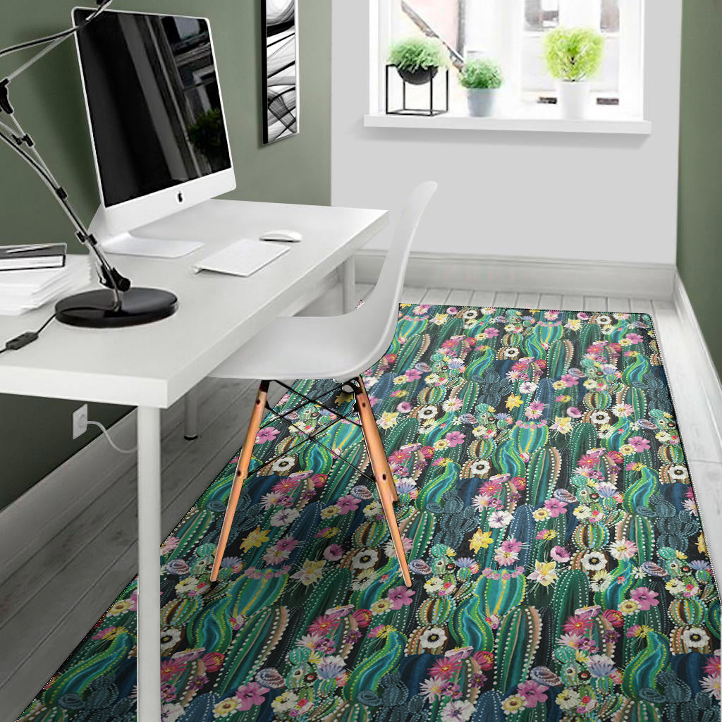 Watercolor Blooming Cactus Print Area Rug