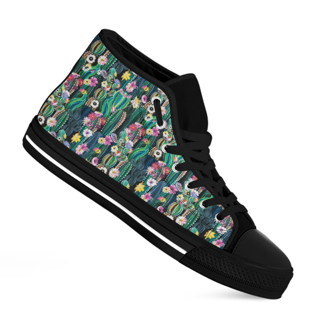 Watercolor Blooming Cactus Print Black High Top Shoes