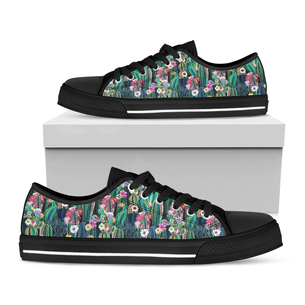 Watercolor Blooming Cactus Print Black Low Top Shoes