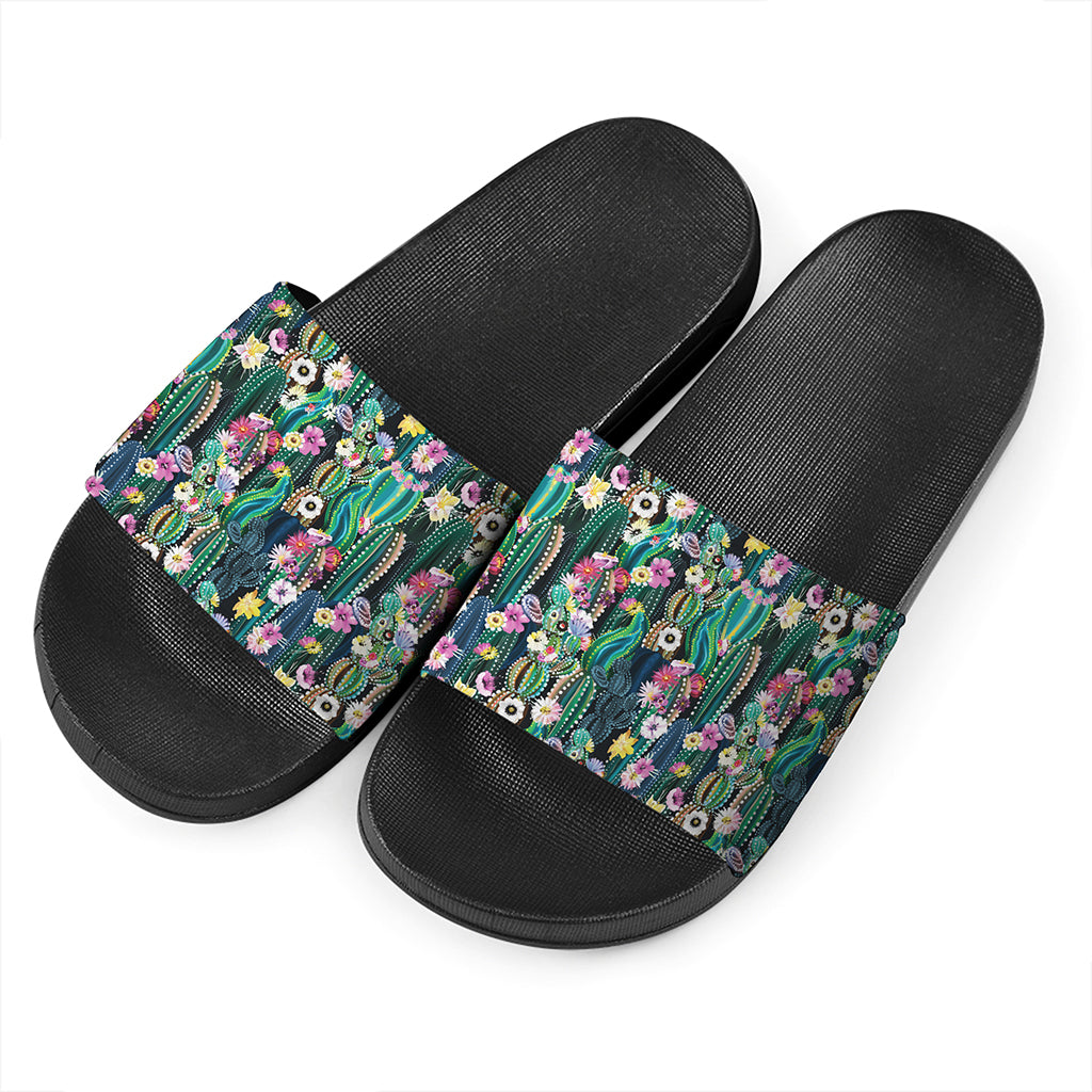 Watercolor Blooming Cactus Print Black Slide Sandals