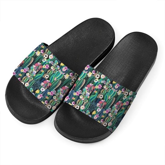 Watercolor Blooming Cactus Print Black Slide Sandals