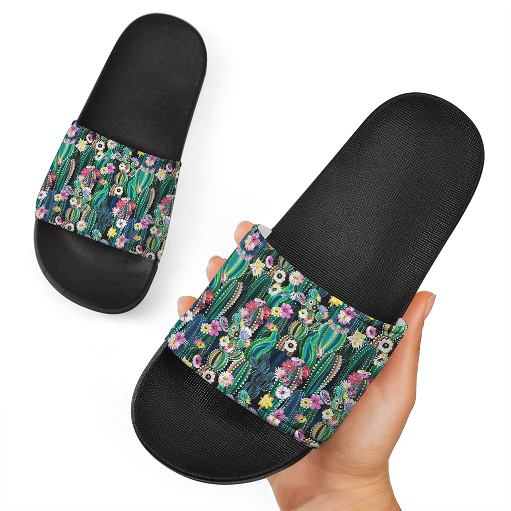 Watercolor Blooming Cactus Print Black Slide Sandals