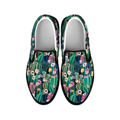 Watercolor Blooming Cactus Print Black Slip On Shoes