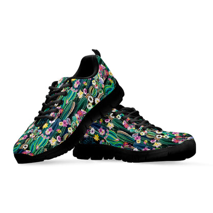 Watercolor Blooming Cactus Print Black Sneakers